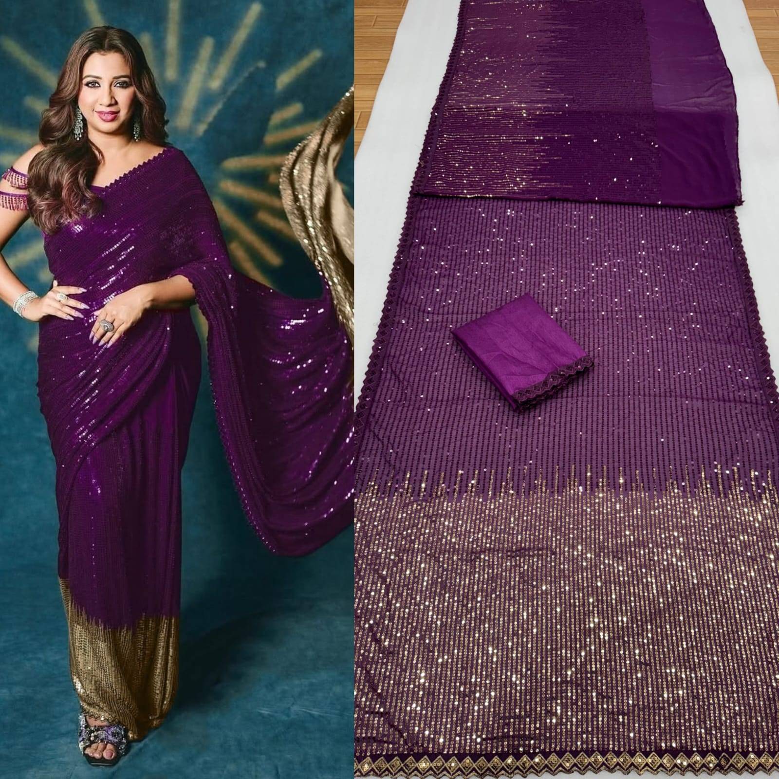 Wine Bollywood Blockbuster Georgette Saree with Dual Sequin Embroidery